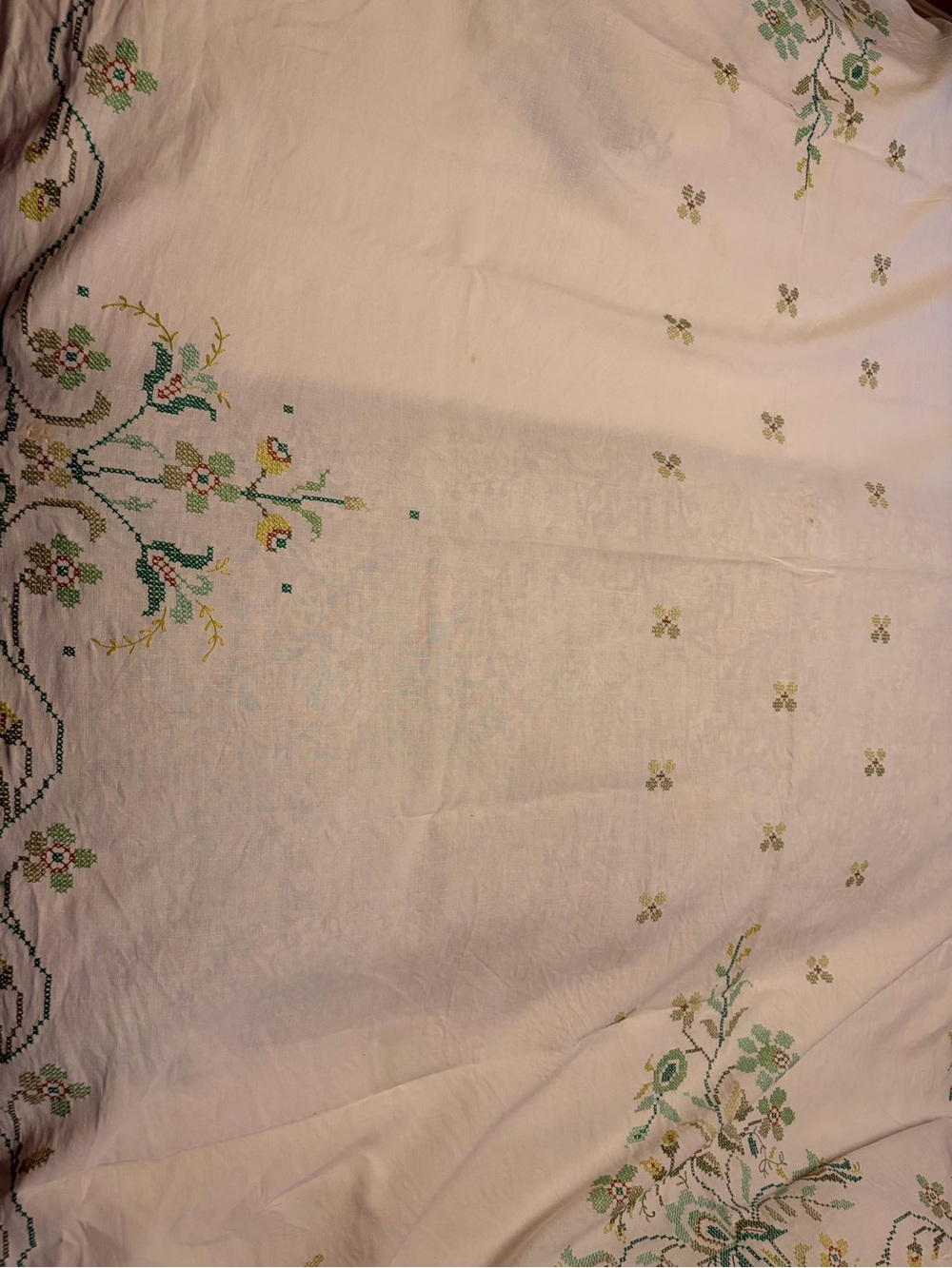 Embroidered Floral Bedding Sheet - Cream with Green Accents